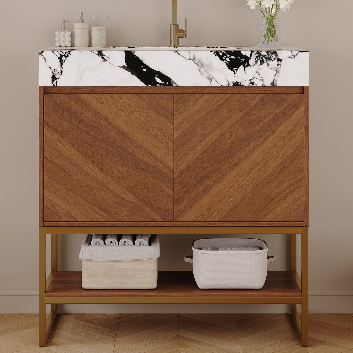 29.9" Modern Free-standing Bathroom Vanity with Ceramic Sink – Brown Oak, Soft-Close image 2