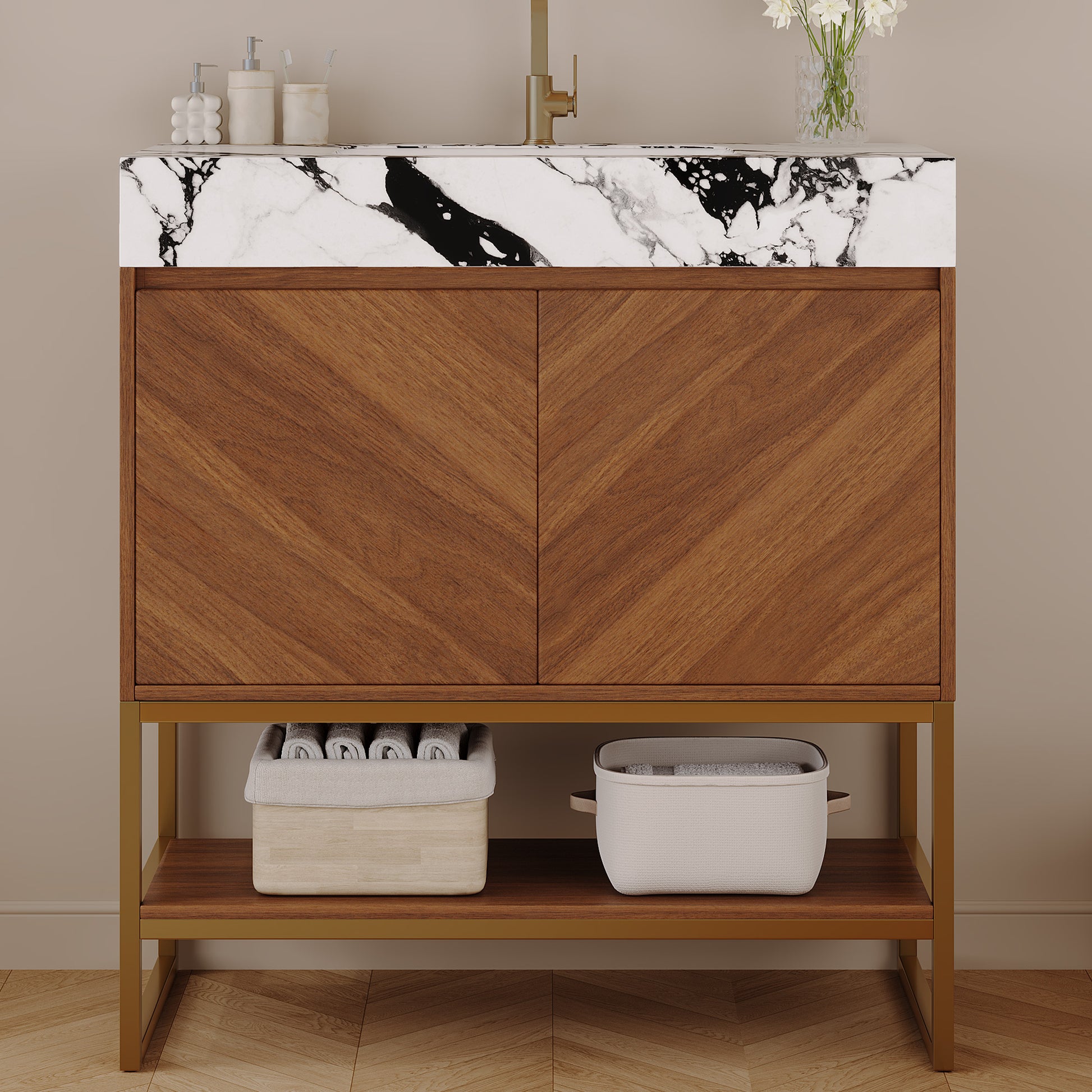 29.9" Modern Free-standing Bathroom Vanity with Ceramic Sink – Brown Oak, Soft-Close image 2