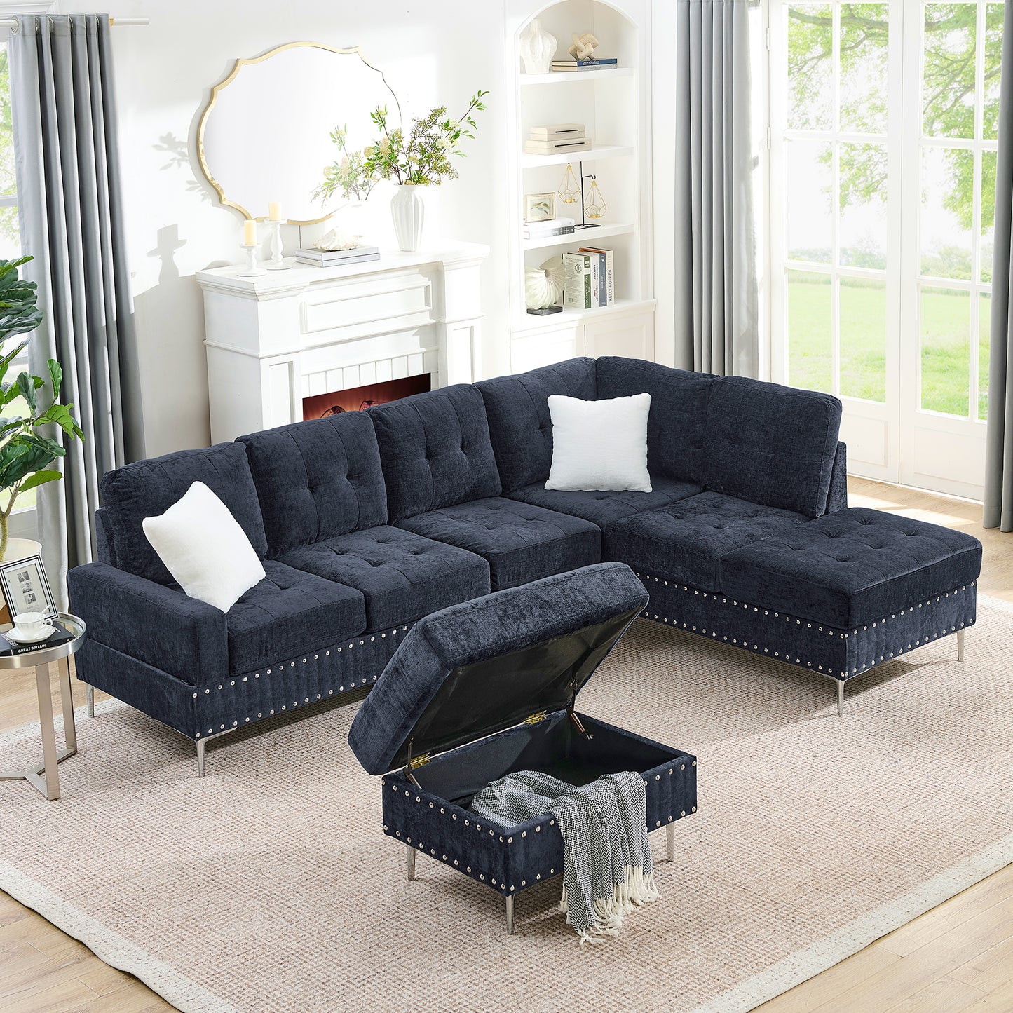 Sectional 3-Seaters Sofa with Chaise, Storage Ottoman, Metal Legs and Copper Nails,Two White Pillows,Navy Bule(102" x 76" x35") image 4