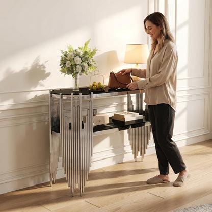 Luxury Silver Console Table with 2-Tier Black Tempered Glass Shelves, Modern Oval Entryway Table for Hallway & Living Room, Polished Stainless Steel Frame, 47" x 15.7" x 31.5" image 5