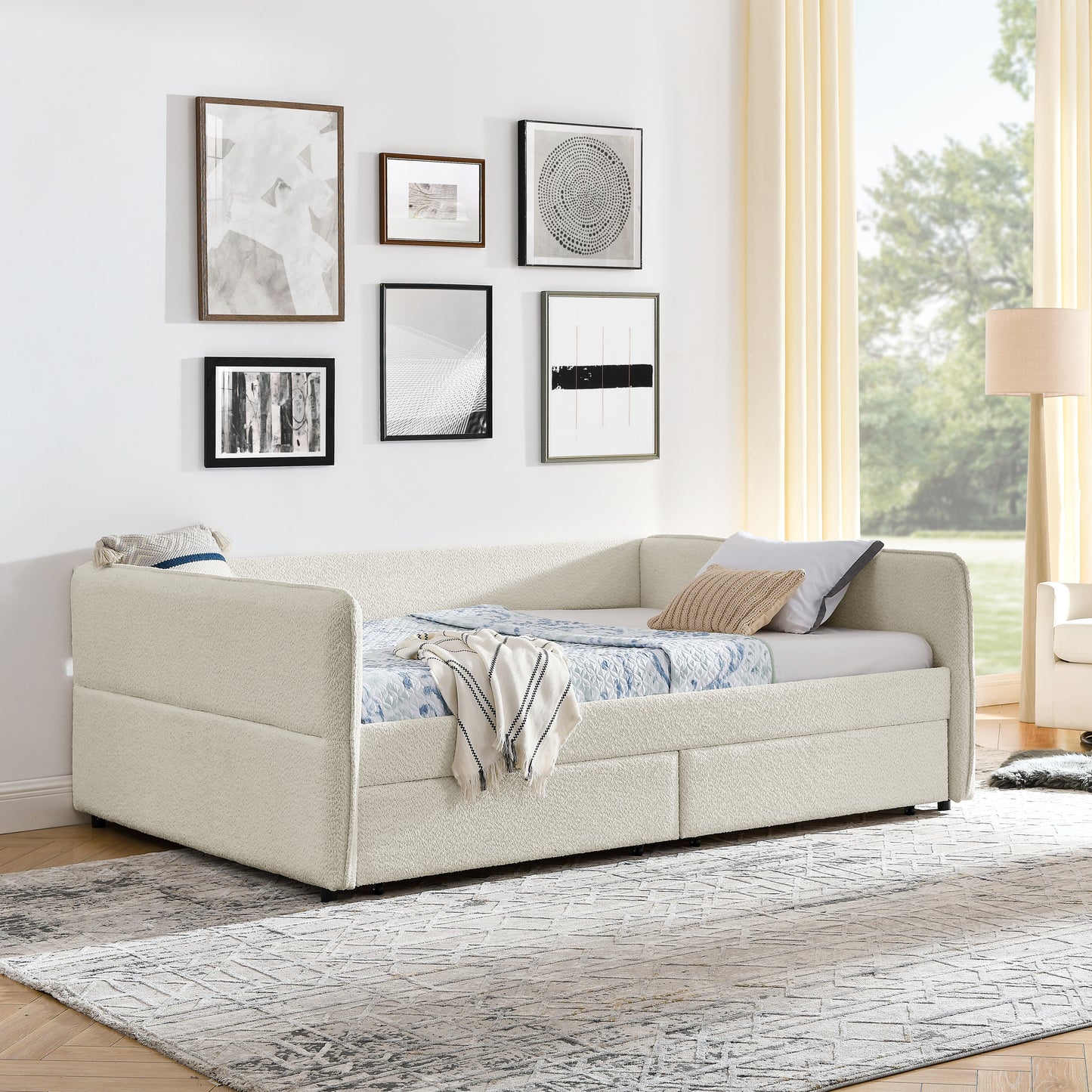 Daybed with Trundle Upholstered Tufted Sofa Bed, with Two Drawers, Queen Size, Boucle Fabric, Beige(88"x65.5"x29.5") image 4