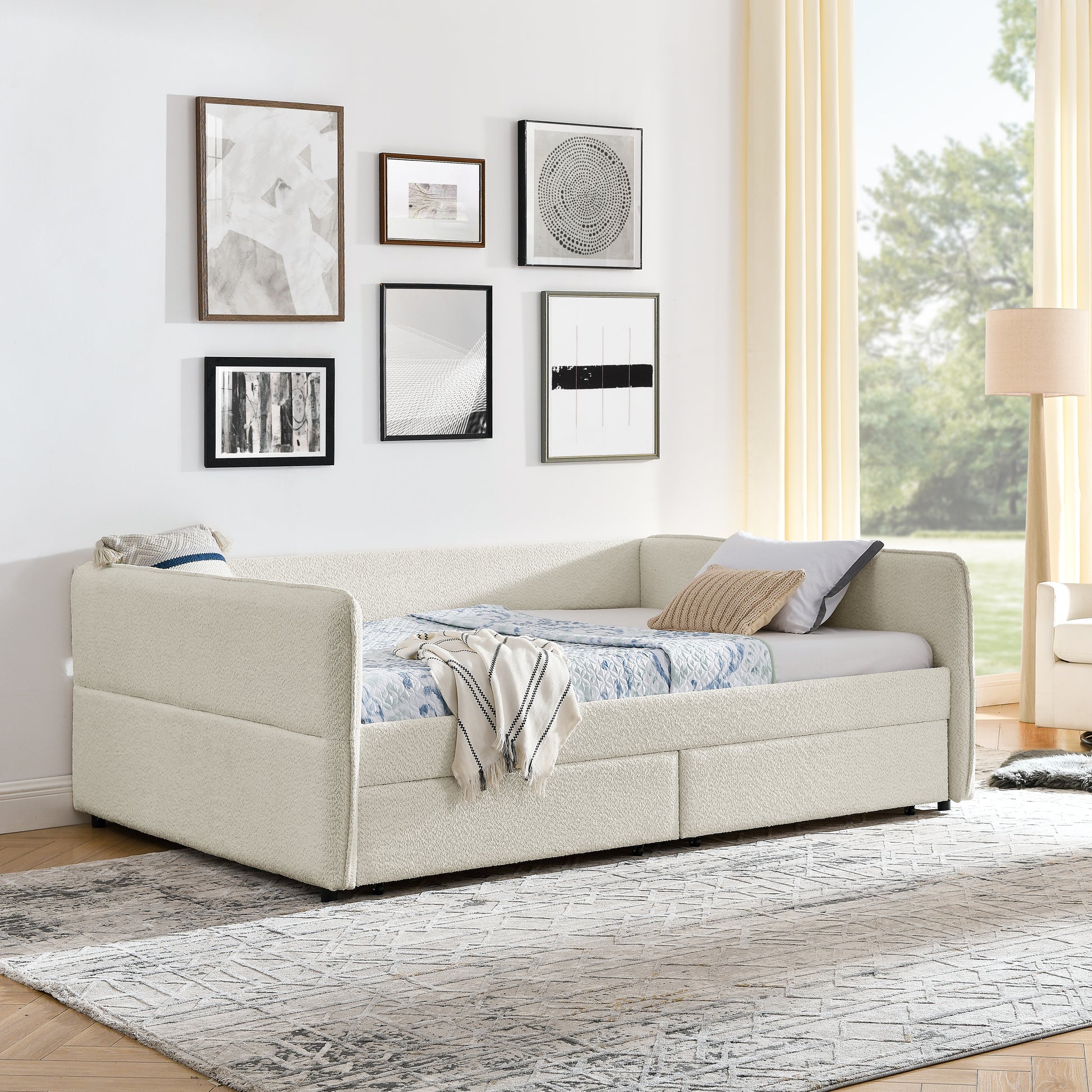 Daybed with Trundle Upholstered Tufted Sofa Bed, with Two Drawers, Queen Size, Boucle Fabric, Beige(88"x65.5"x29.5") image 4