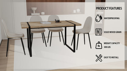 59" MDF light wood dining table and modern dining chair set of 4 pieces, medieval wooden kitchen dining table set, black rectangular metal base, dining table and suede chair set image 10