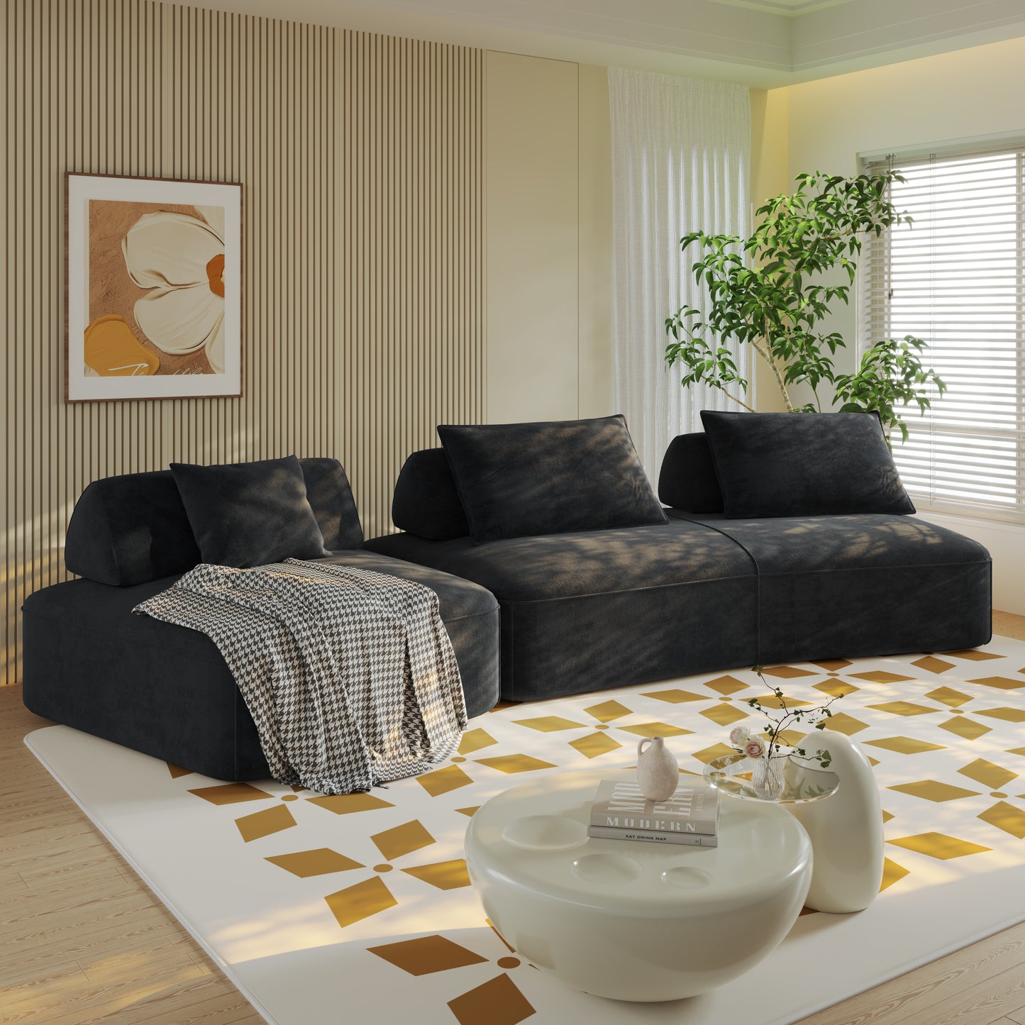 139" Modern Light Luxury Oversized Modular Sectional Sofa Set,DIY Upholstered Fluffy Chenille Sofa with Removable Backrests and Soft Pillows,Deep Seat Couch & Sofa Bed for Living Room,Office,Dark Grey image 1