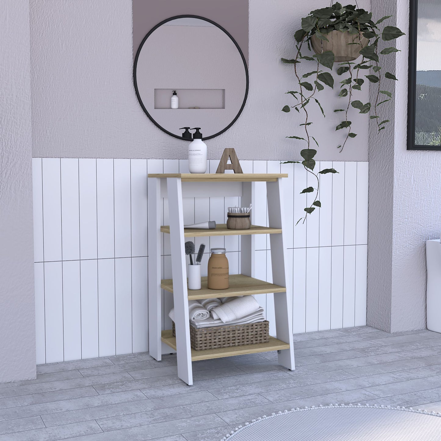 Cabinet 29.7H", Four Shelves, Vertical, Light Oak / White image 1