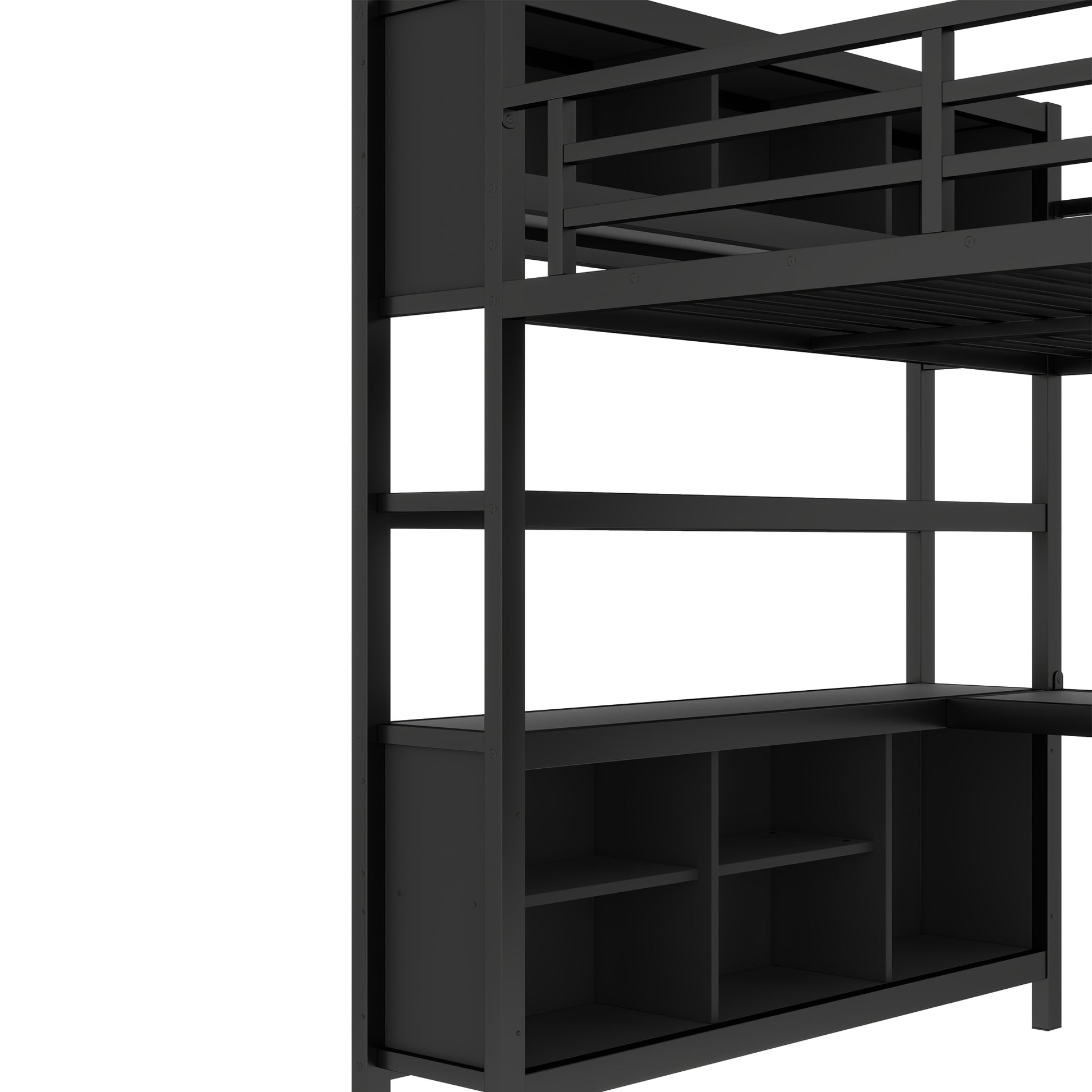 Metal Loft Bed with Wardrobe And L-shaped Desk, Queen Size Loft Bed with Storage Cubes and Shelves, Heavy Duty Loft Bed for Kids Teens Adults, Black image 8