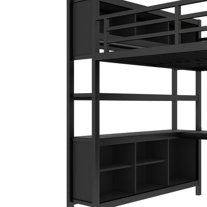 Metal Loft Bed with Wardrobe And L-shaped Desk, Queen Size Loft Bed with Storage Cubes and Shelves, Heavy Duty Loft Bed for Kids Teens Adults, Black image 8