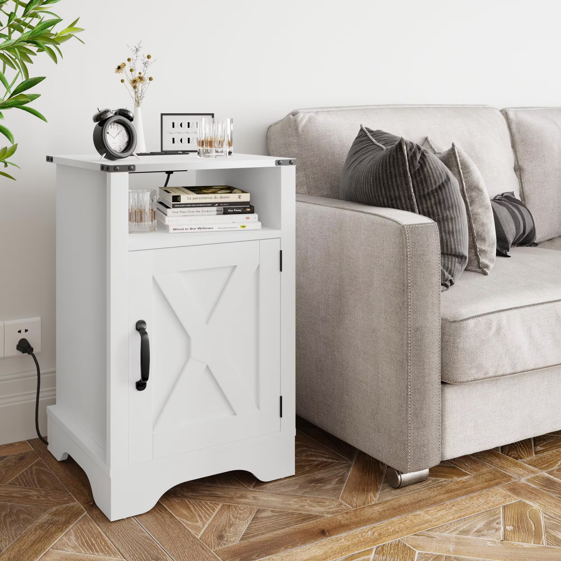 Farmhouse Nightstand with Charging Station Wooden Rustic End Table for Bedroom, Living Room, 16" D x 16" W x 25" H(Set of 1), White image 8