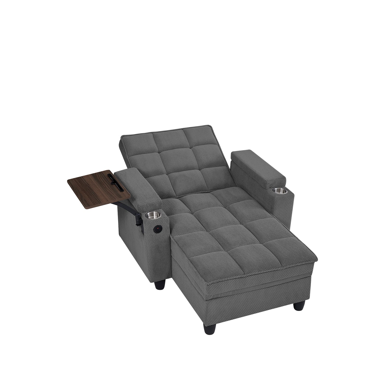 Dark Grey Chaise Lounge Sofa,Sleeper Chair Bed with 6-Position Adjustable Backrest,USB Ports, Cup Holder and Swivel Side Table image 10