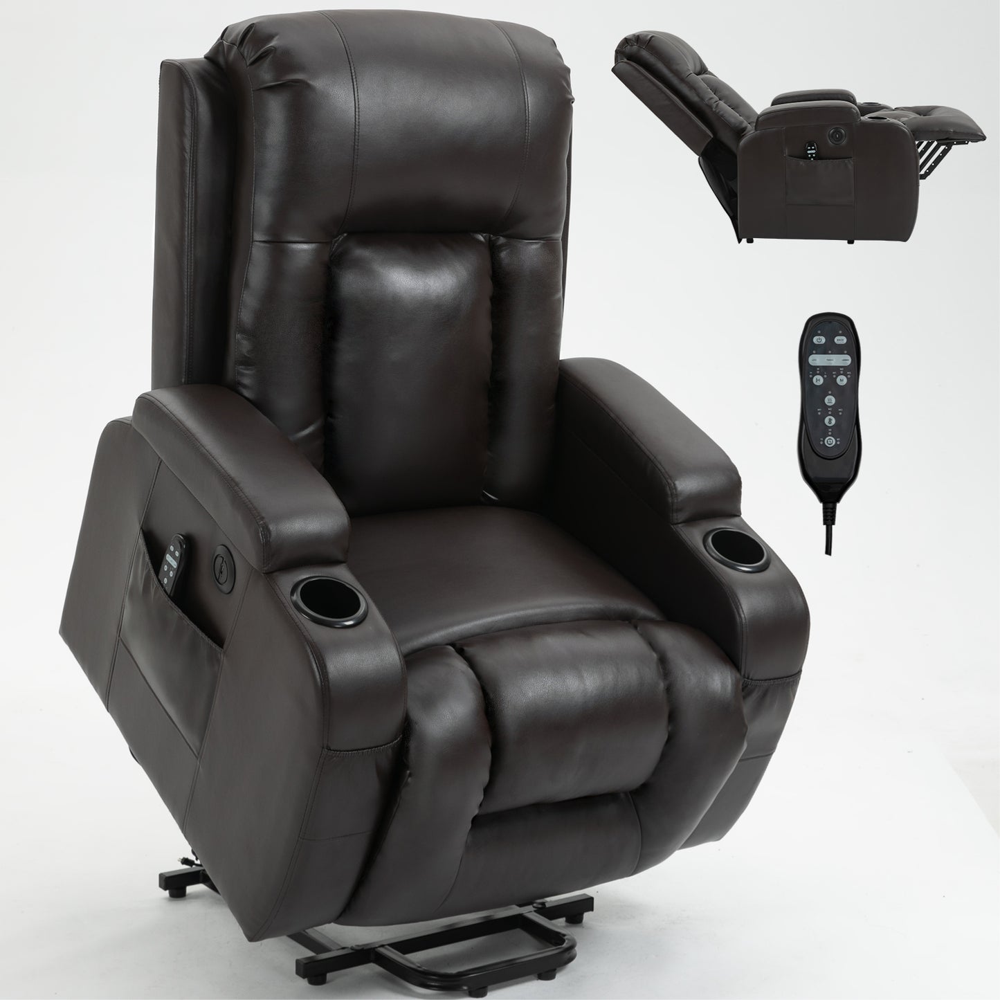 Infinite Position Up to 350 LBS Power Lift Recliner Chair for Elderly, Heavy Duty Motion Mechanism with 8-Point Vibration Massage and Lumbar Heating, USB Charging Port, Cup Holders, Brown image 11
