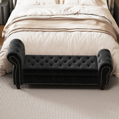 64.5" Bed Bench for Bed Room Nails Tufted Chaise of Lounge with Storage Velvet Upholstery Black image 2