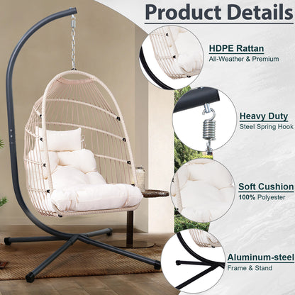 Foldable Hanging Egg Chair with Stand and Pillow, HDPE Rattan and Heavy Duty Aluminum-Steel Frame, Outdoor Patio Wicker Swing Egg Chair with Headrest and Cushioned, 350 Lbs Capacity (White) image 4