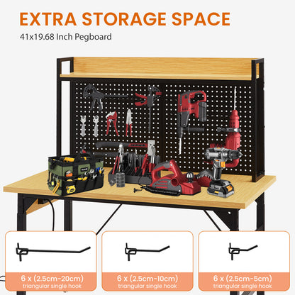 48''Adjustable Workbench with pegboard, Heavy Duty Wooden Desktop Workbench with Wheels, 1600 lb. Load Capacity, Rolling Workbench with AC/USB Outlet, Hooks, Shelf, for Garage, Workshop, Office, Home. image 4