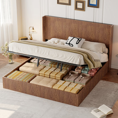 Large grooved undulating lift storage bed frame, wooden platform bed frame with lift storage, no spring box required/no noise, rustic brown slatted natural wood(King) image 3