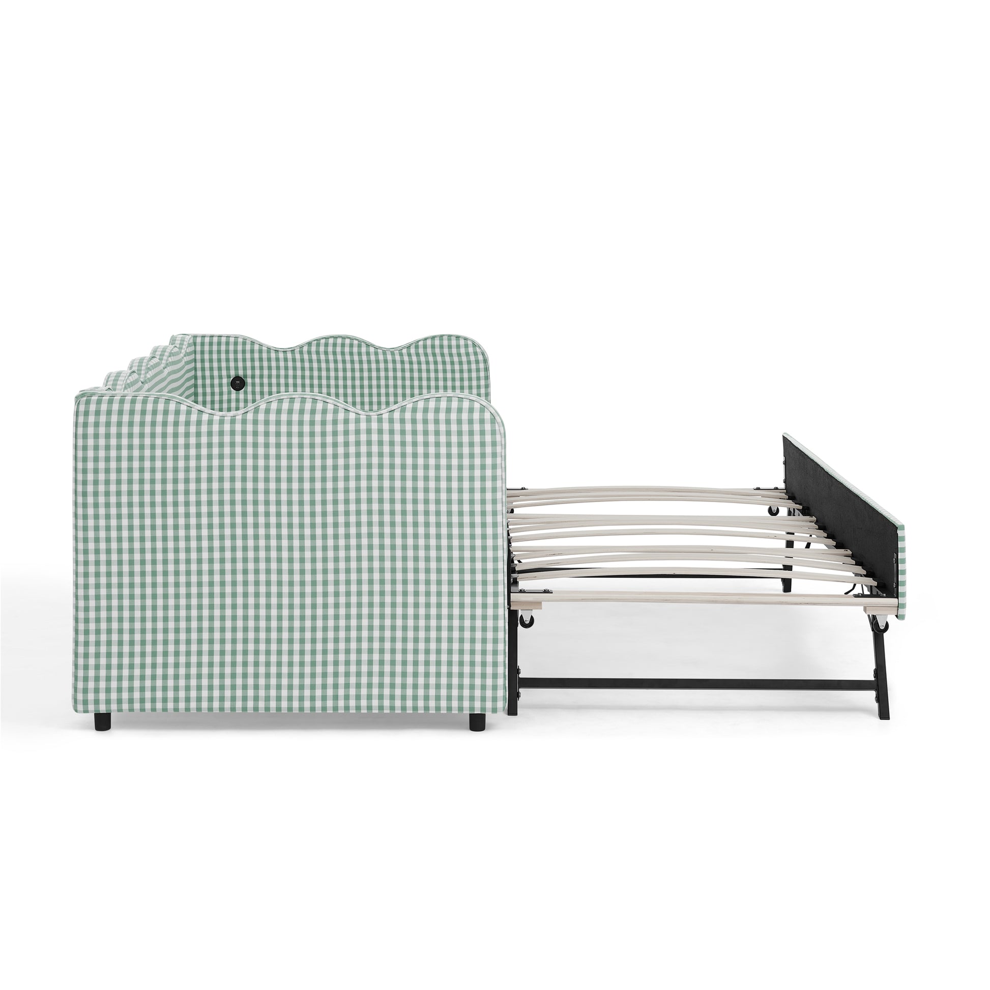 Cozy Gingham Daybed with Trundle Twin Size Sofa Bed No Box Spring Needed, with USB Port and Adorable Wave Shaped, Linen Fabric image 6