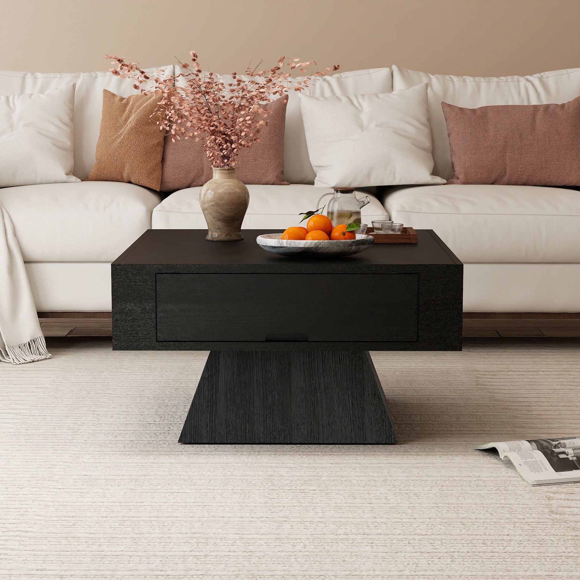 Square Veneer-Top Coffee Table with Drawer, KD Pedestal Base, Weathered Natural / Pearl Black image 3
