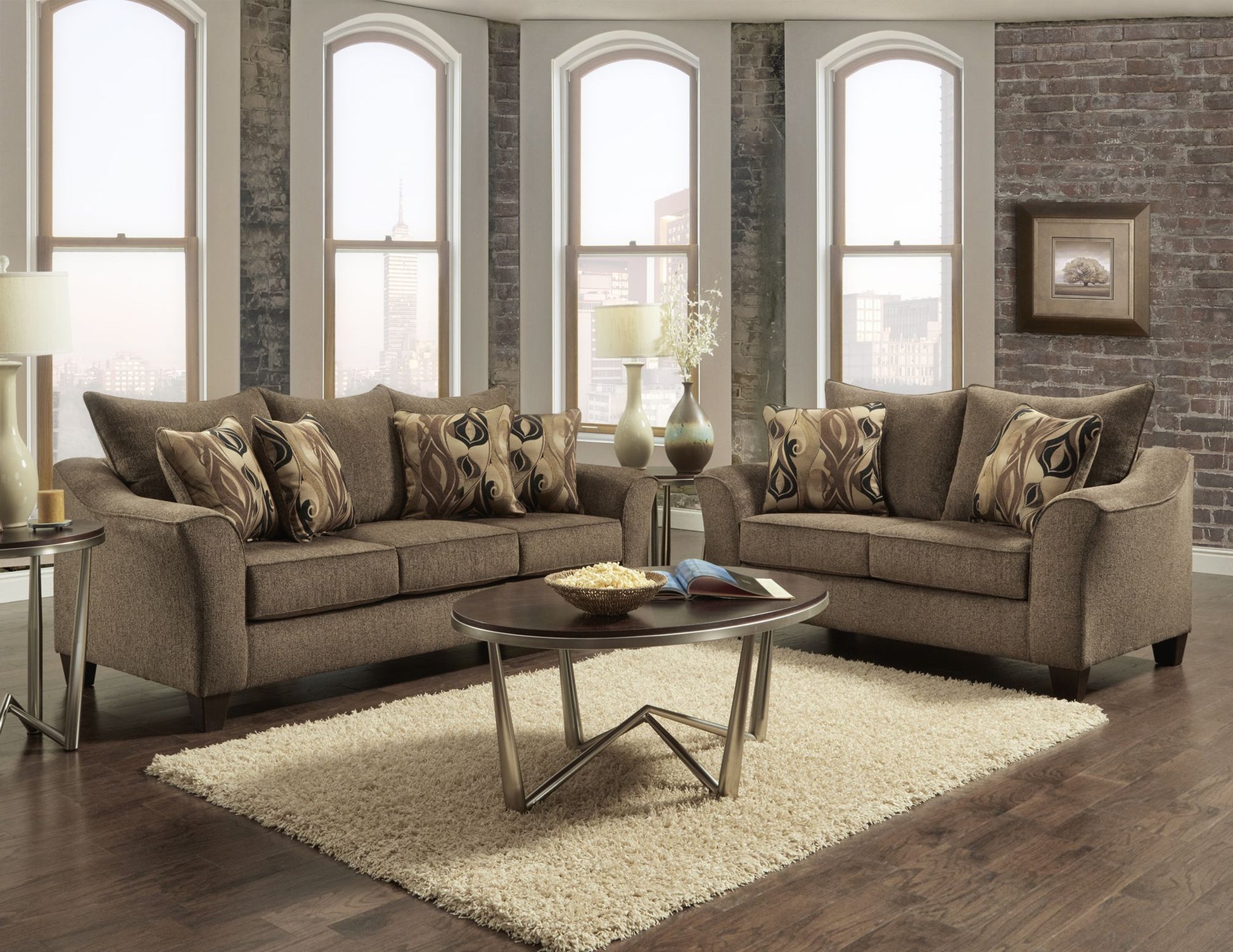 Camero Fabric Pillowback 2-Piece Living Room Set, Sofa and Loveseat, Brown image 1