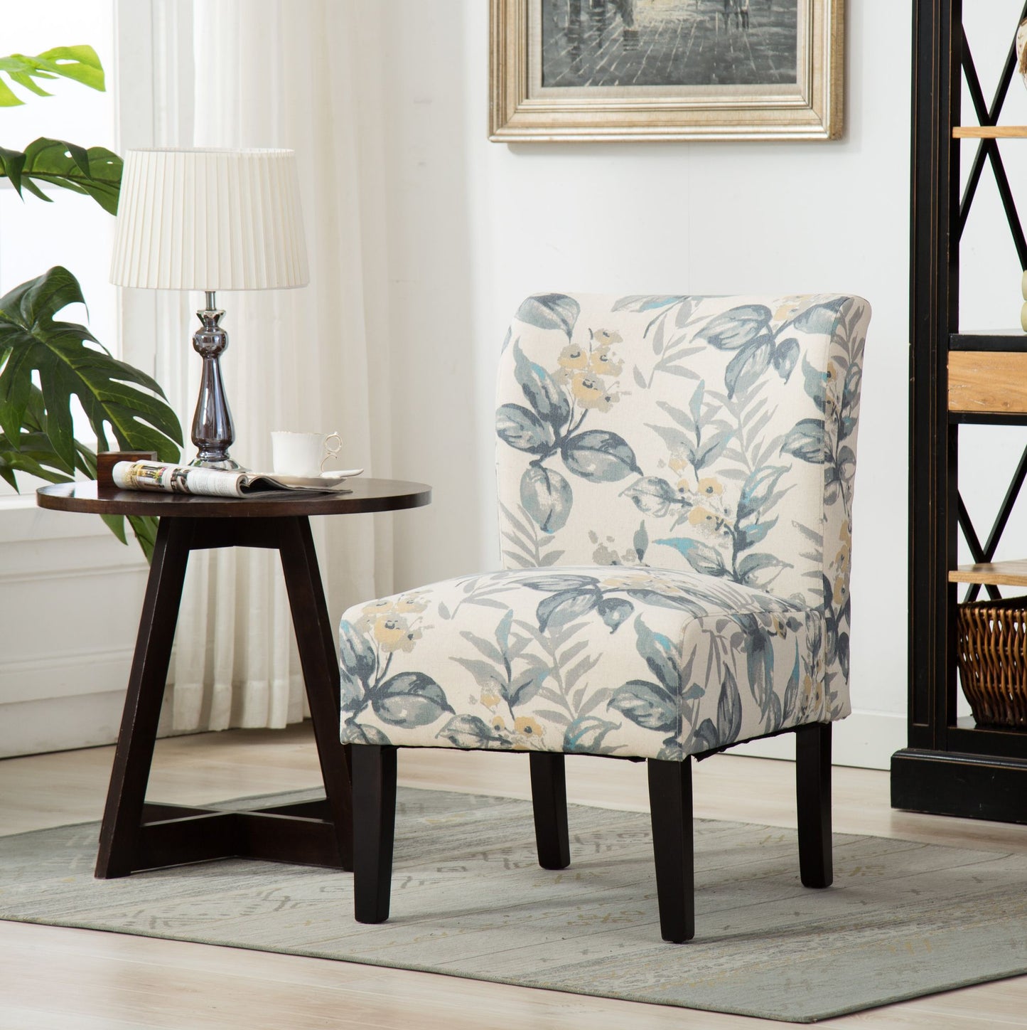 Capa Print Fabric Armless Contemporary Accent Chair, Blue Leaves image 1