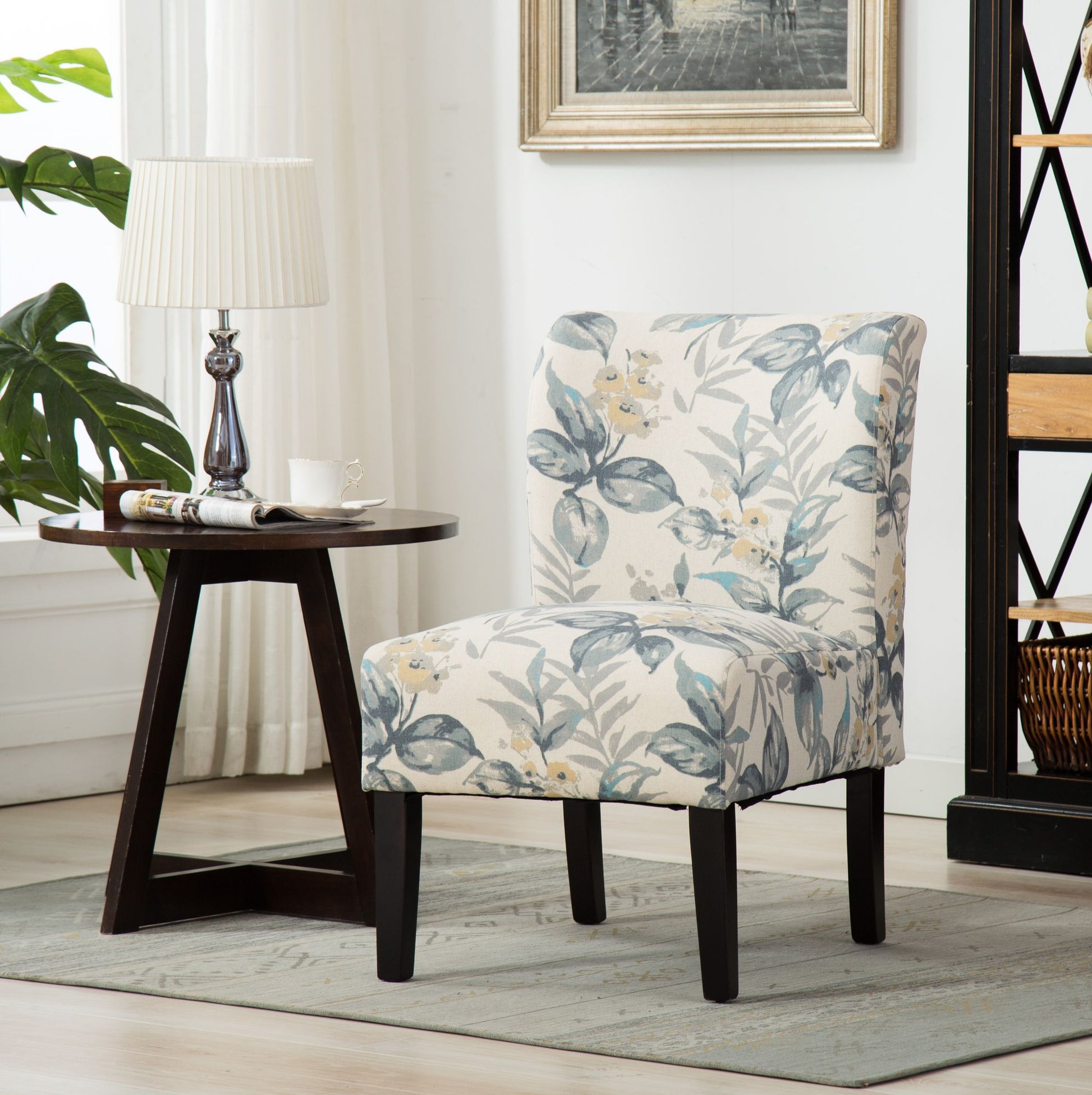 Capa Print Fabric Armless Contemporary Accent Chair, Blue Leaves image 1