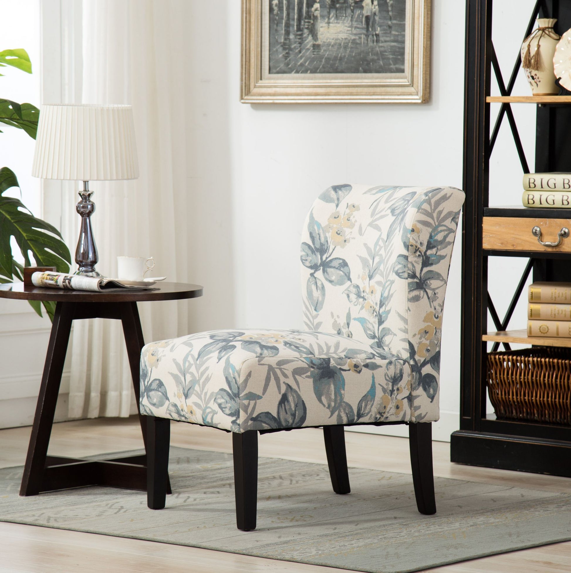 Capa Print Fabric Armless Contemporary Accent Chair, Blue Leaves image 2