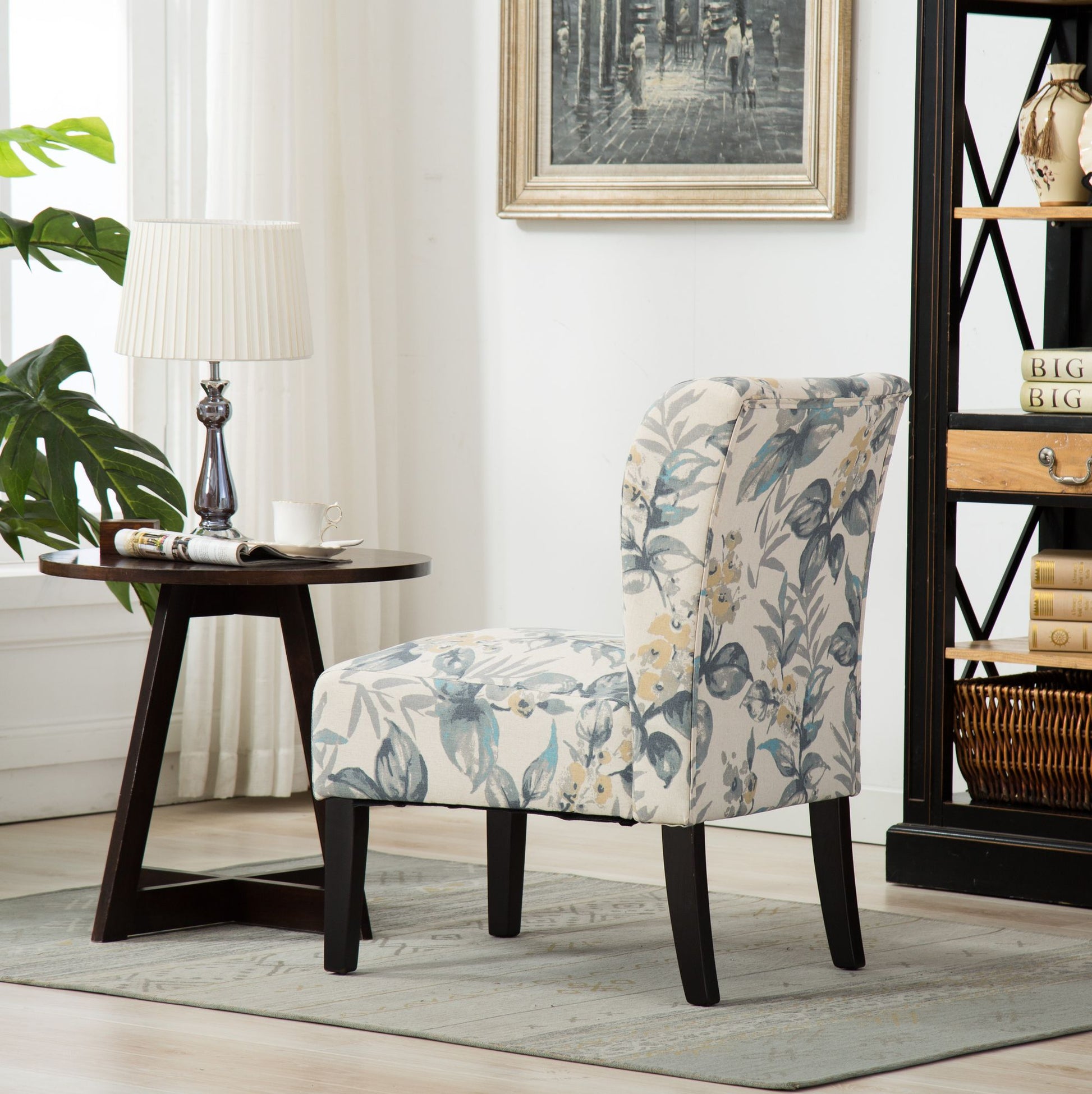 Capa Print Fabric Armless Contemporary Accent Chair, Blue Leaves image 3