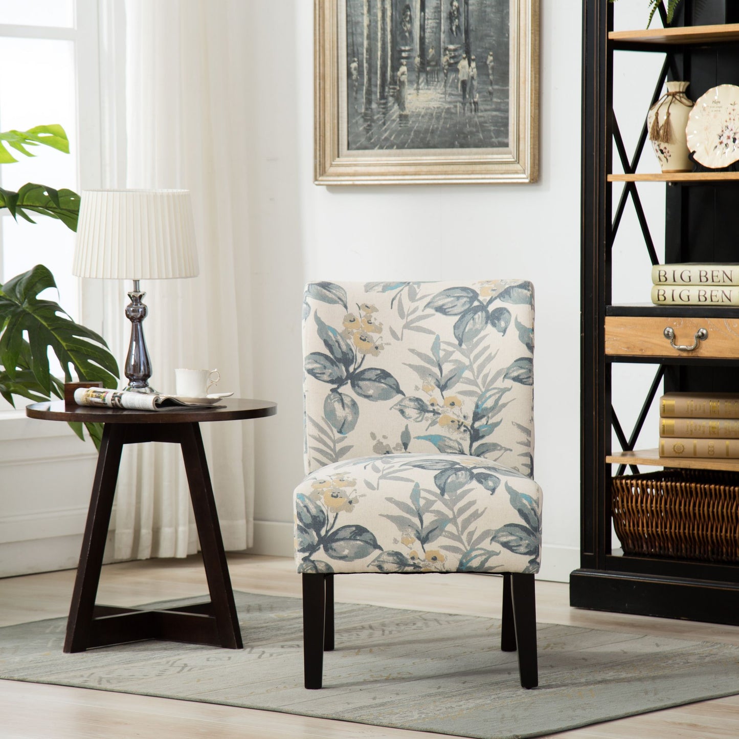 Capa Print Fabric Armless Contemporary Accent Chair, Blue Leaves image 4