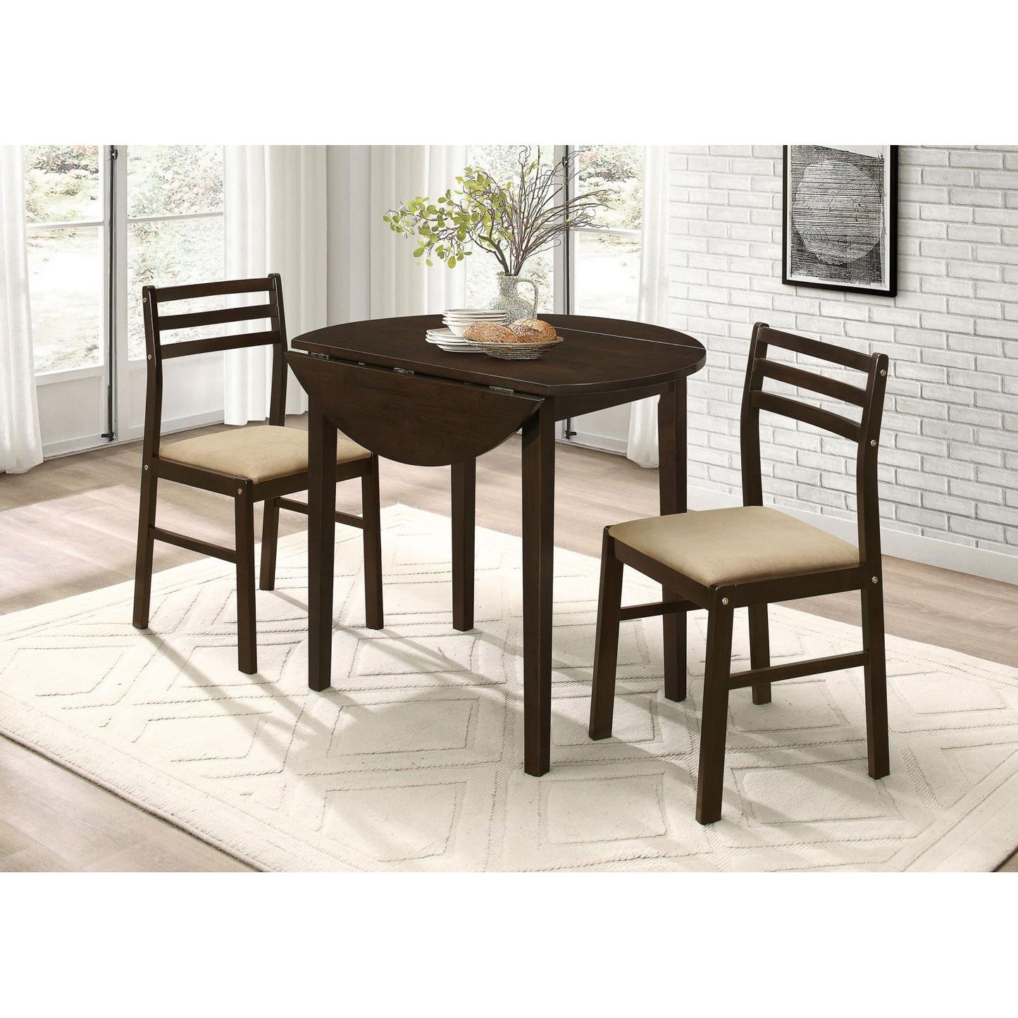 Cappuccino and Tan 3-piece Dining Set with Drop Leaf image 2