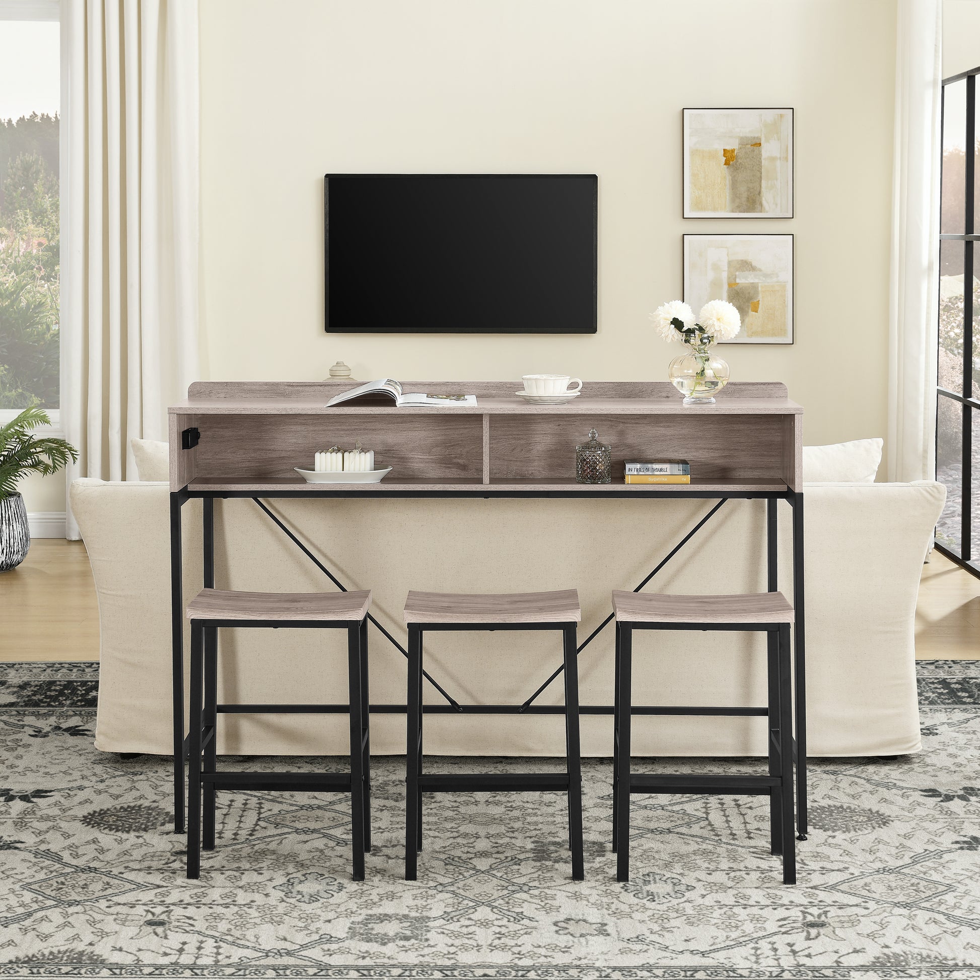 59 inch bar table, dining table, sofa table with power socket and LED light, 3 saddle stools, 4-piece bar table and chairs set for living room, dining room and kitchen image 2
