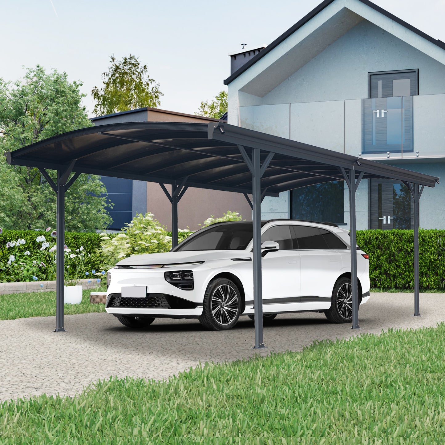 Outdoor Carport, 10 FT * 19 FT* 7 FT Arch Carport Aluminum Metal Frame and Polycarbonate Panels Car Port for Outdoor Driveway Car, Truck image 1