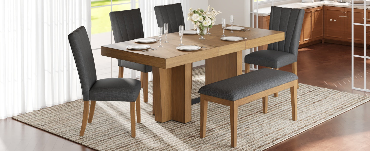 TOPMAX Farmhouse 78.1inch Extendable Wood Dining Table Set for 6, Kitchen Table Set with Bench and 4 Upholstered Chairs,3.8inch Thick Tabletop and Trestle Legs for Kitchen, Dining Room, Brown+Gray image 3