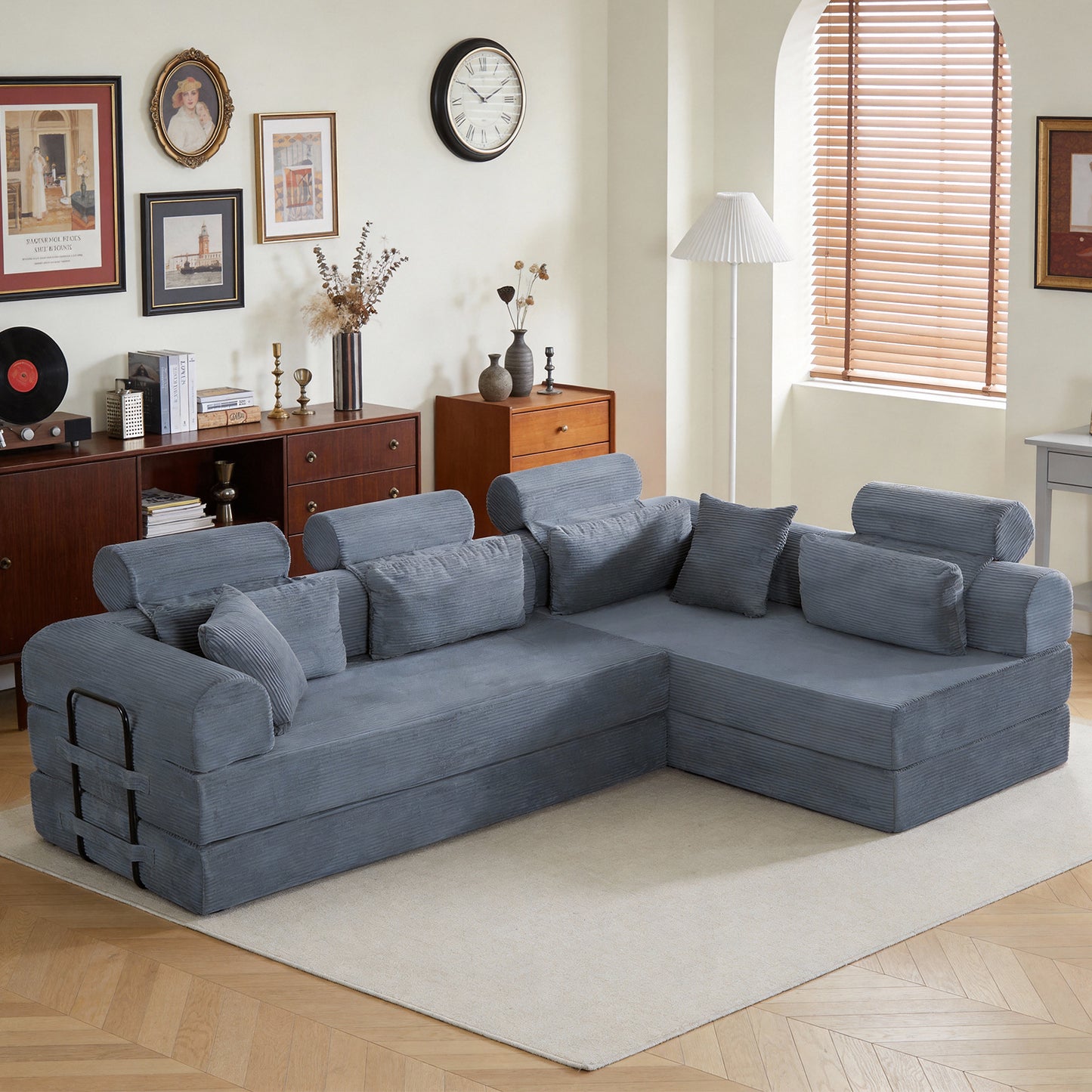 L shape Modular Sectional Sofa, Compressed Sectional Sofa Modern Minimalist Style Corduroy Couch,Unfold into a bed, Bedroom, Comfy Compressed Sofa Couch Space-Efficient Design(Dark Gray) image 1