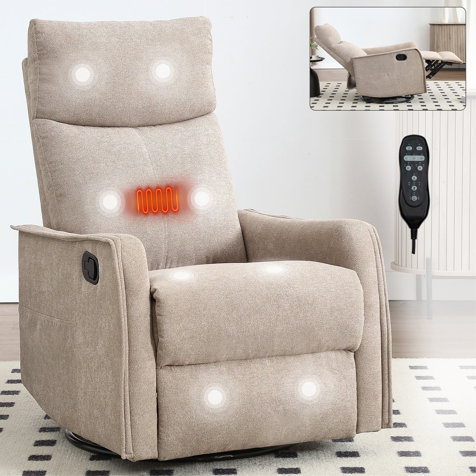 Heat Massage Manual Recliner Chair with Rocker and Swivel in Fabric for Living Room, Khaki image 1