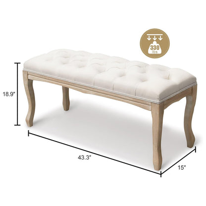 Bedroom Bench, French Vintage Tufted Entryway Bench, 43.3" Carving Upholstered End of Bed Bench with Distressed Wood Legs, Linen Ottoman Seat for Living Room, Foyer, Dining Room image 5