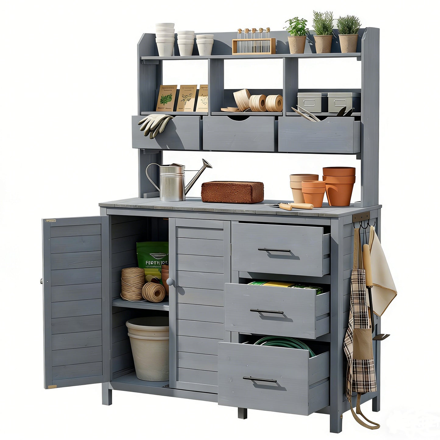(With Assembly Video) TOPMAX Farmhouse Patio Potting Bench, 44.6''x19.5'' Large Freestanding Garden Workstation with 6 Drawers, Bottom Cabinet and Side Hook, Outdoor Kitchen Island, Gray image 9