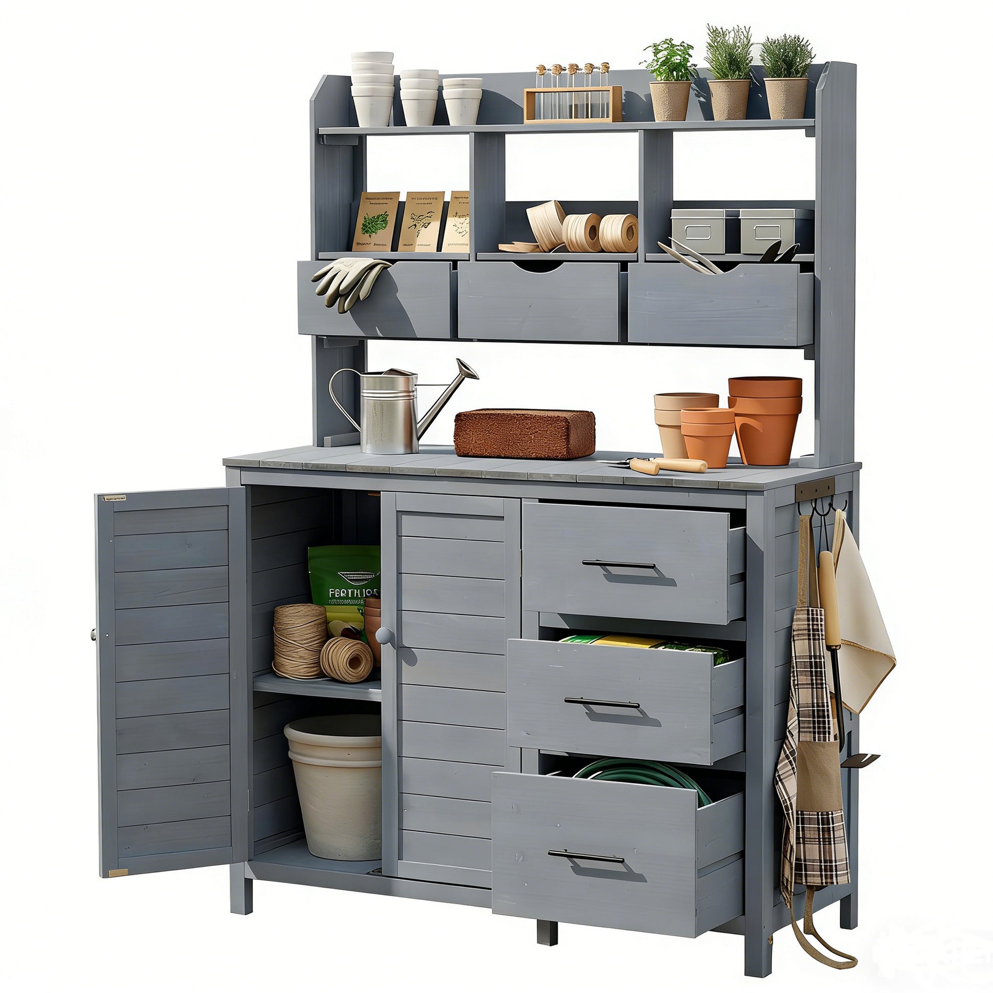 (With Assembly Video) TOPMAX Farmhouse Patio Potting Bench, 44.6''x19.5'' Large Freestanding Garden Workstation with 6 Drawers, Bottom Cabinet and Side Hook, Outdoor Kitchen Island, Gray image 9