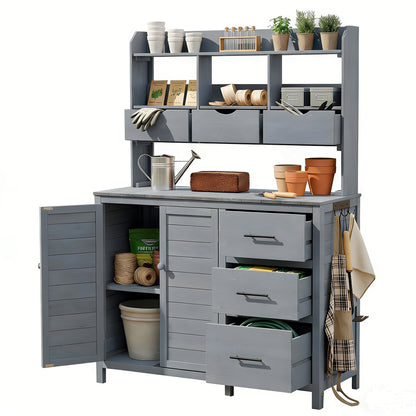 (With Assembly Video) TOPMAX Farmhouse Patio Potting Bench, 44.6''x19.5'' Large Freestanding Garden Workstation with 6 Drawers, Bottom Cabinet and Side Hook, Outdoor Kitchen Island, Gray image 9