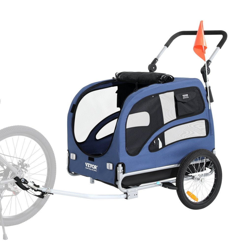 VEVOR Dog Bike Trailer, Supports up to 100 lbs, 2-in-1 Pet Stroller Cart Bicycle Carrier, Easy Folding Cart Frame with Quick Release Wheels, Universal Bicycle Coupler, Reflectors, Flag, Blue/Black