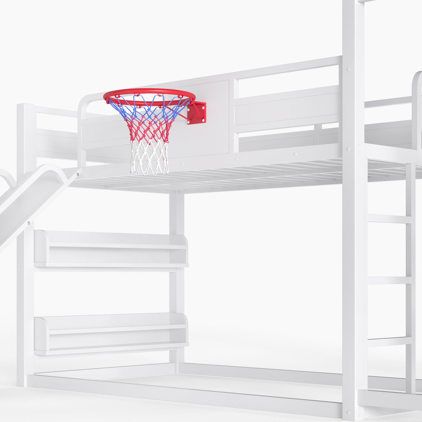 Twin size metal loft/bunk bed with basketball hoop, pull-up rings, climbing wall, and built-in bookshelves. Playful children's design featuring a slide,White image 10