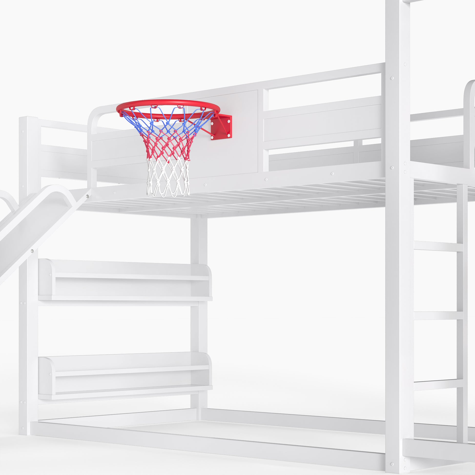 Twin size metal loft/bunk bed with basketball hoop, pull-up rings, climbing wall, and built-in bookshelves. Playful children's design featuring a slide,White image 10