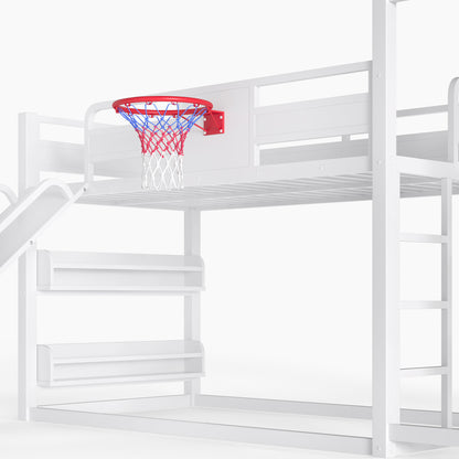 Twin size metal loft/bunk bed with basketball hoop, pull-up rings, climbing wall, and built-in bookshelves. Playful children's design featuring a slide,White image 10