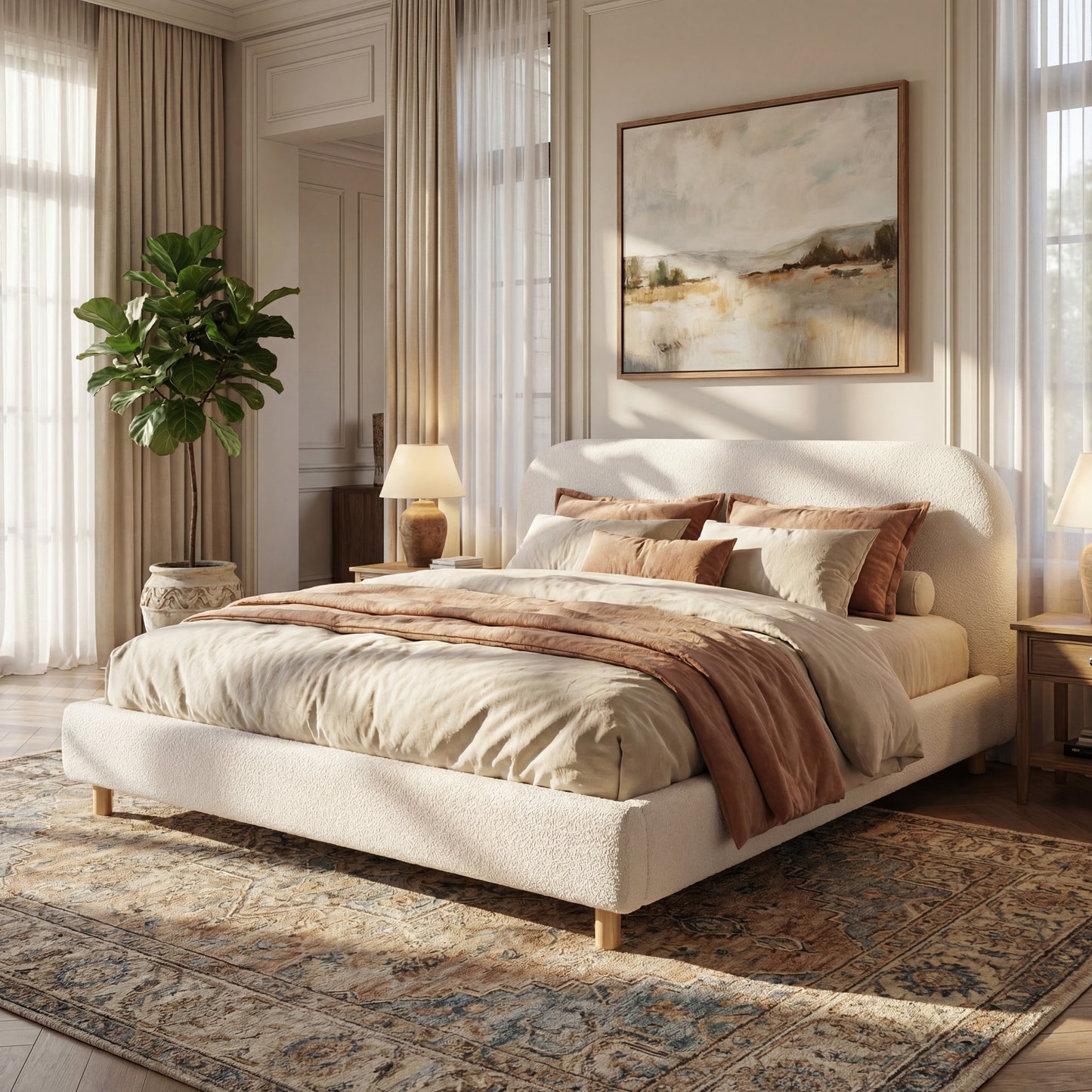 California King Size Upholstered Bed With Boucle Fabric,Curved-Shape Design Thick Headboard, Solid Wood Legs,White image 1