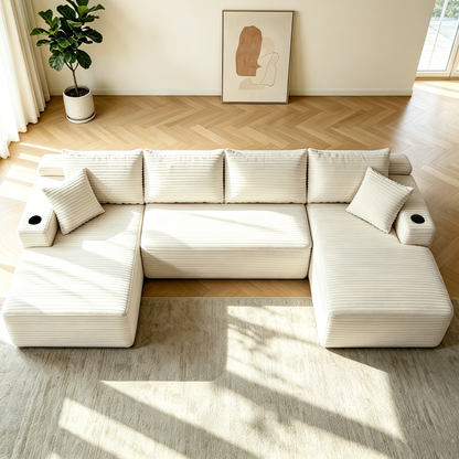 134" Cloud Sectional Sofa with U-Shape Chaise and Side Pockets and Cup holder, Modern Modular Design, Deep Seating, Upholstered Couch for Living Room/Bedroom, No Assembly Required (Plush)Beige image 1