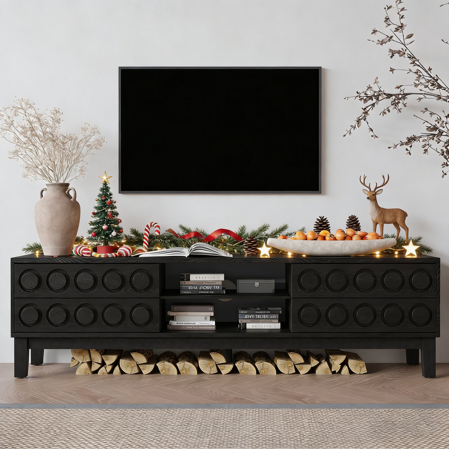 Modern Mid-Century Media Console with 4 Drawers and Cable Management, TV Console Table for TVs up to 75",Entertainment Center for Living Room and Office(Black) image 2