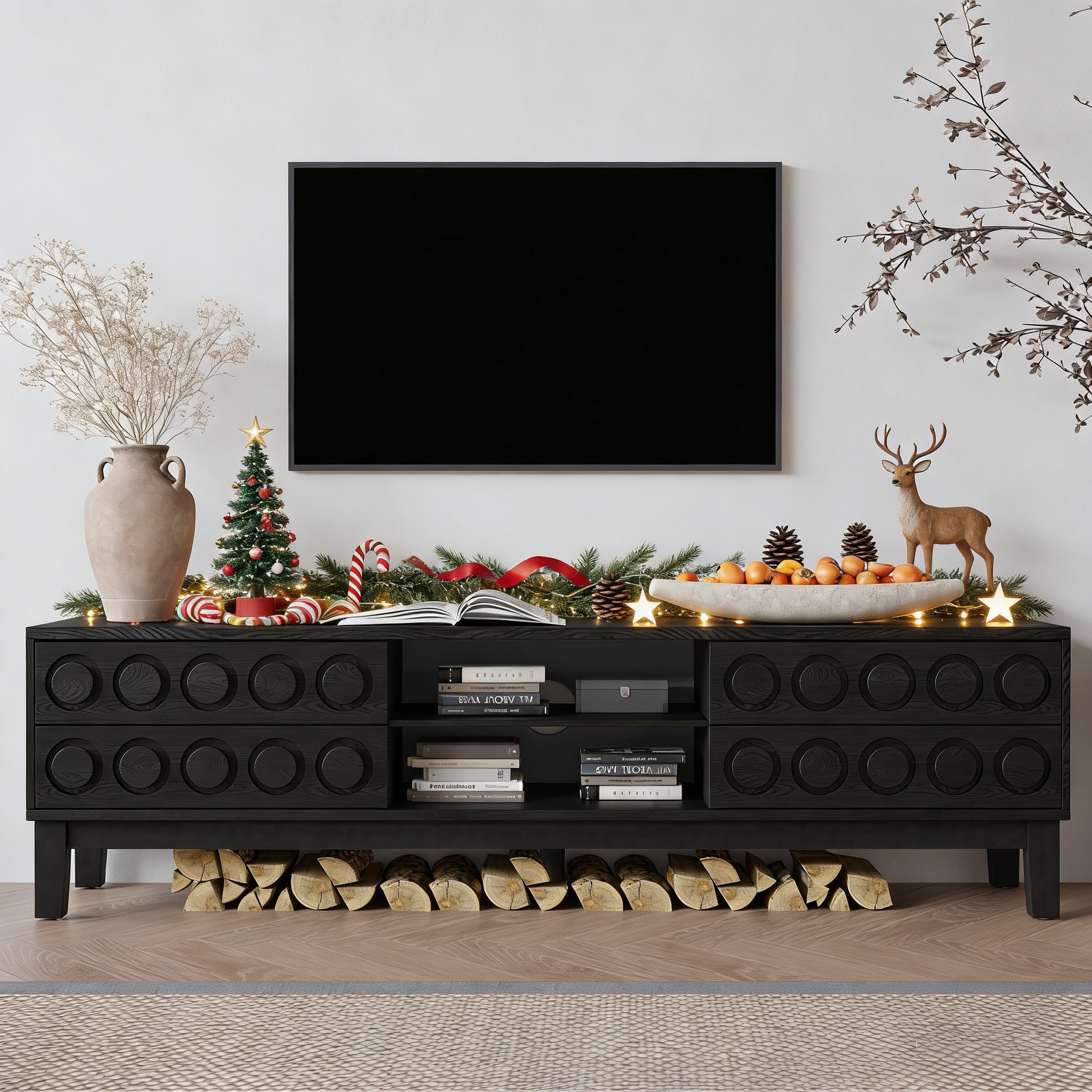 Modern Mid-Century Media Console with 4 Drawers and Cable Management, TV Console Table for TVs up to 75",Entertainment Center for Living Room and Office(Black) image 2
