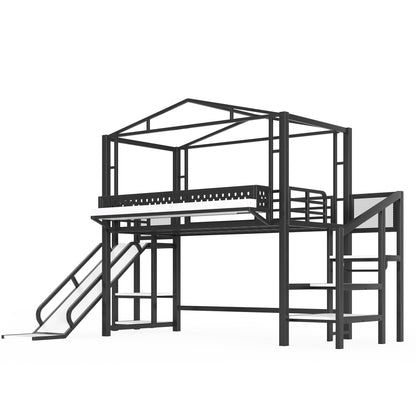 Twin Size Loft Bed with Storage Stairs, Shelves and Built-in Wardrobe, Metal Loft Bed Frame with USB Ports and LED Lights, Noise-reduced Design, Black image 11