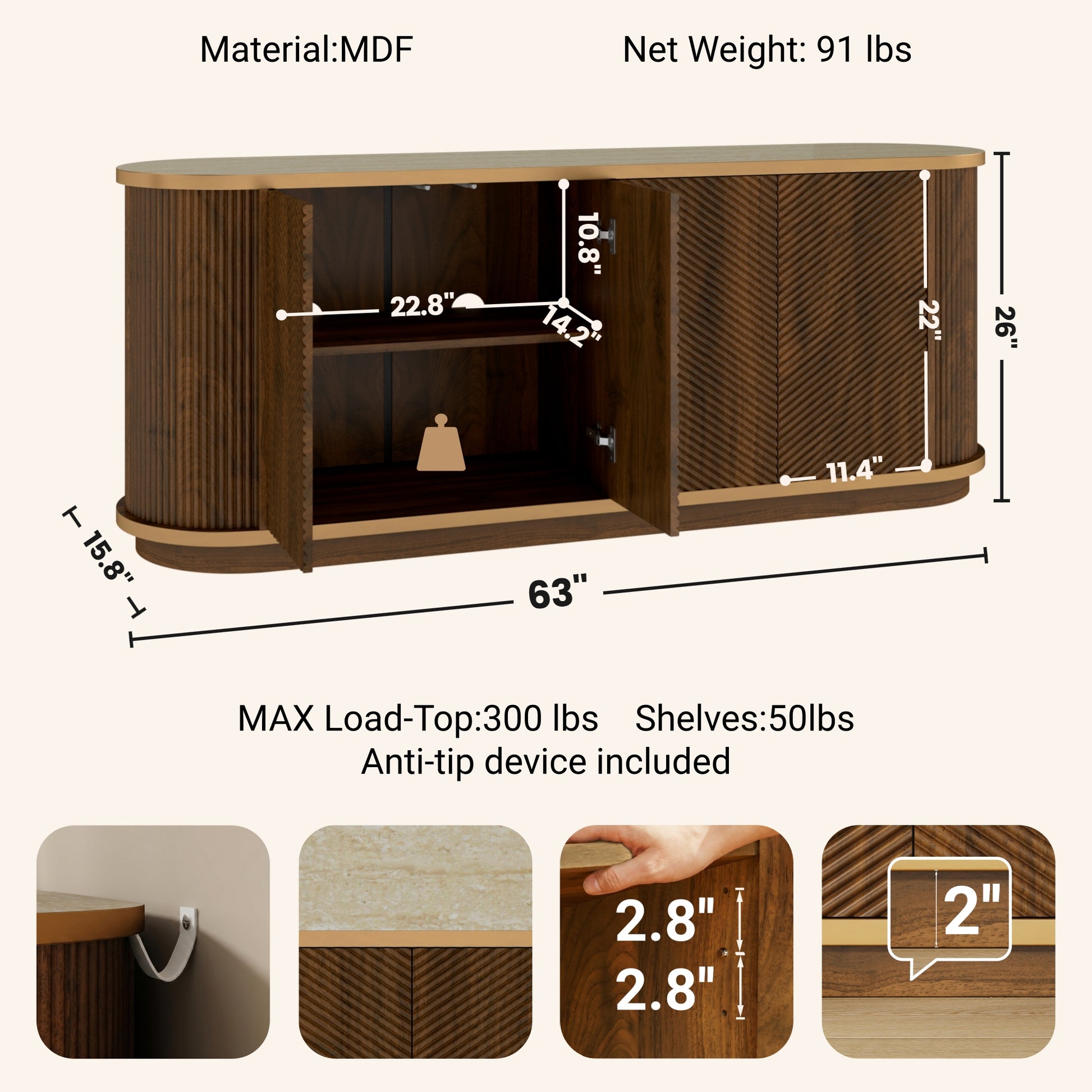 63" Diagonal Fluted Sideboard Cabinet with Storage, 4-Door Walnut Buffet Credenza TV Stand with Gold Trim, Cream Faux Marble-Top Console Table, Modern Cabinet for Dining Room, Living Room, Walnut image 6