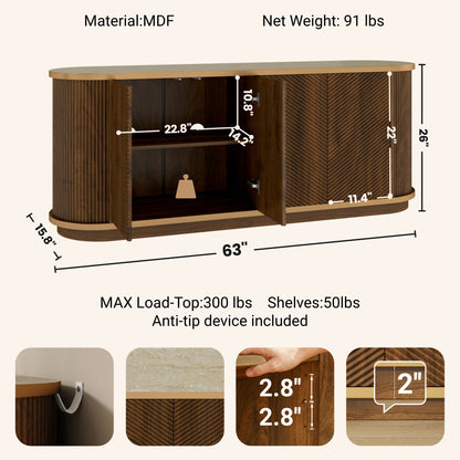 63" Diagonal Fluted Sideboard Cabinet with Storage, 4-Door Walnut Buffet Credenza TV Stand with Gold Trim, Cream Faux Marble-Top Console Table, Modern Cabinet for Dining Room, Living Room, Walnut image 6
