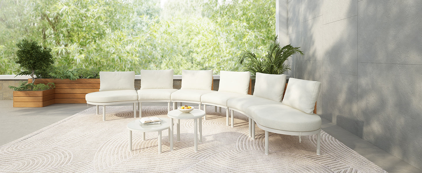 TOPMAX 8-Piece Patio Sofa Furniture Set, Half Moon Outdoor Sectional Sofa with 2 High-Low Coffee Tables, PE Wicker Rattan, Tempered Glass, 6 Pillows & Cushions, for Backyard, Garden, Poolside,Beige image 4