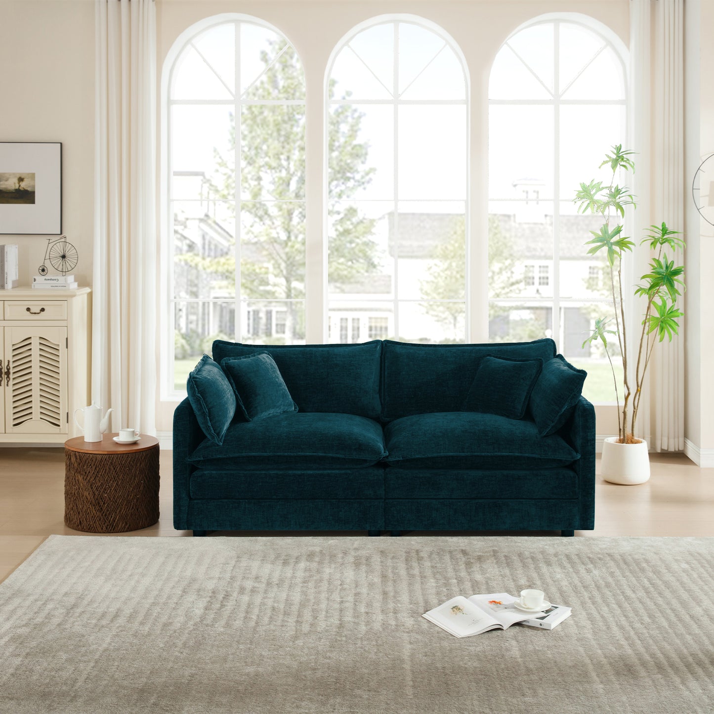 Modern Fabric Loveseat Sofa Couch for Living Room, Upholstered Large Size Deep Seat 2-Seat Sofa with 4 Pillows,Blue Chenille image 2