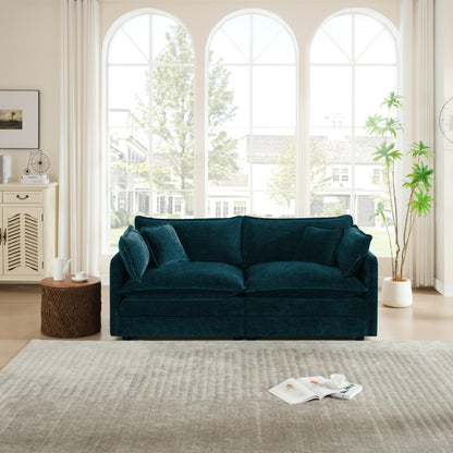 Modern Fabric Loveseat Sofa Couch for Living Room, Upholstered Large Size Deep Seat 2-Seat Sofa with 4 Pillows,Blue Chenille image 2